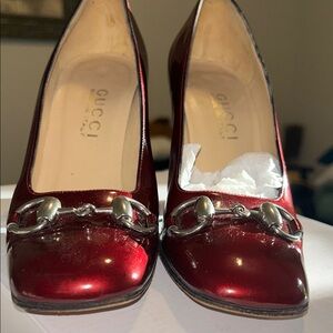 Gucci Women's Shiny Red Heels with Silver Accents